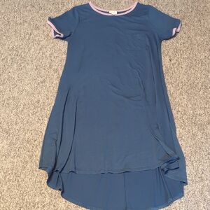 Lularoe high low navy blue with pink trim dress, seam along the back